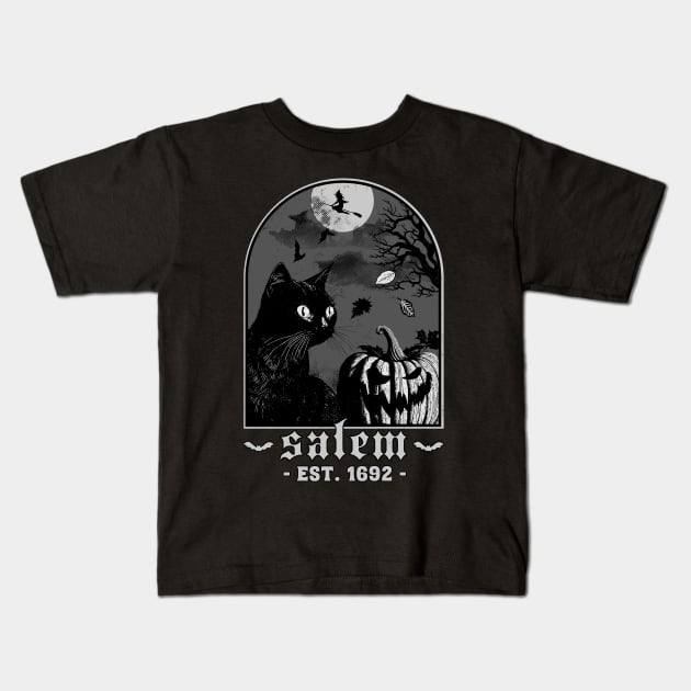Salem 1692 - Black Cat Pumpkin - Retro Vintage Halloween Kids T-Shirt by OrangeMonkeyArt